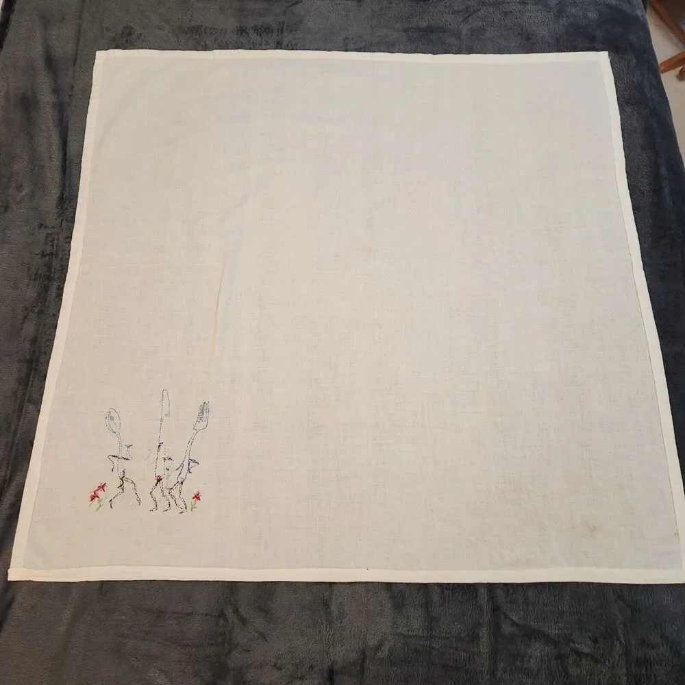 Embroidered Tablecloth Knife Spoon Fork Anthropomorphic Square 34x33in Whimsical
